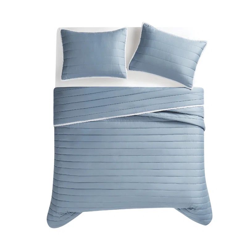 Blue Cotton Sateen 3-Piece Quilt Set with Polyfill