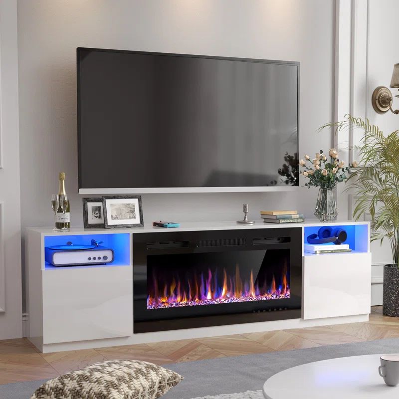 White 70" TV Stand with Electric Fireplace and LED Lights