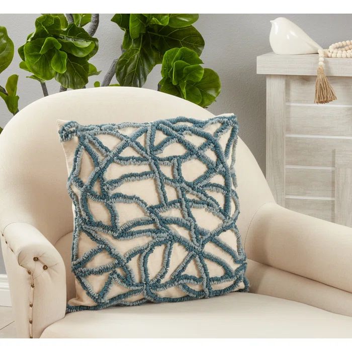 Blue Embroidered Cotton Decorative Pillow Cover, 20"