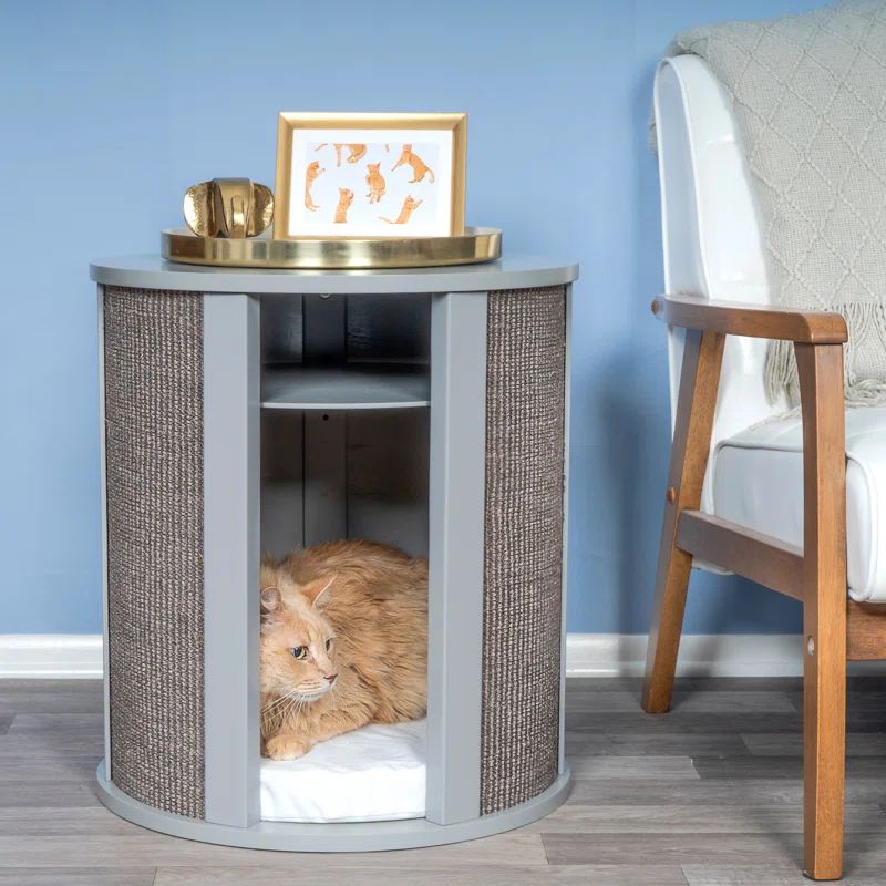 Smoke Gray Sisal Cat Bed End Table with Storage Shelf