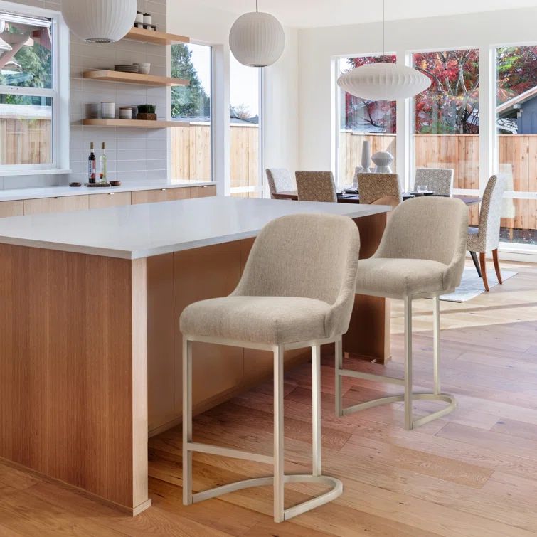 Oatmeal Linen Barrelback Counter Stools with Metal Base, Set of 2