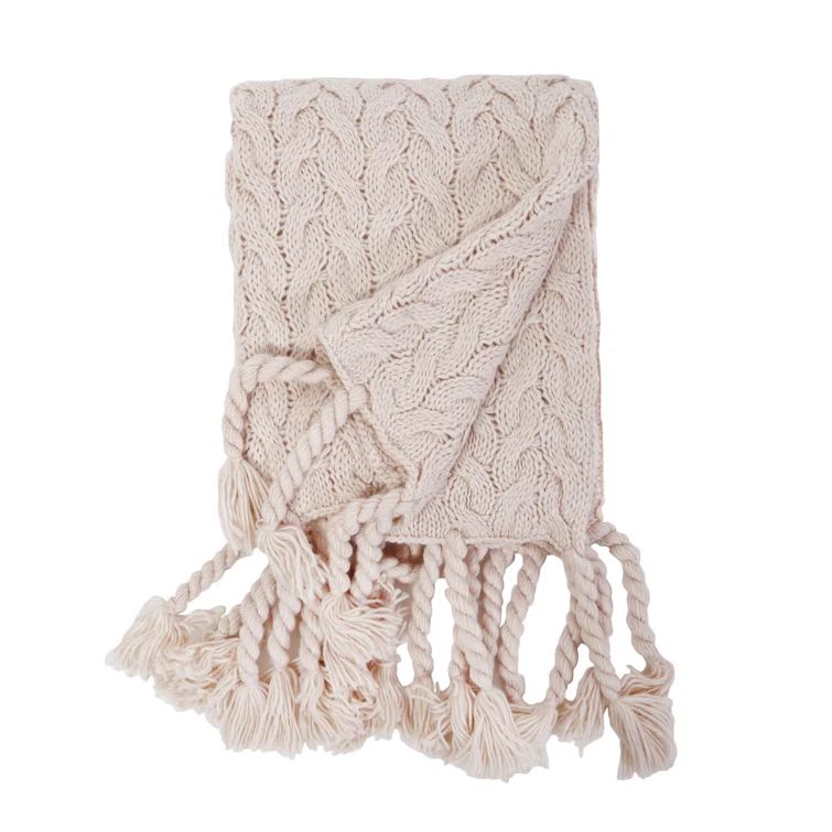Blush Cable Knit Acrylic Throw Blanket with Tassels