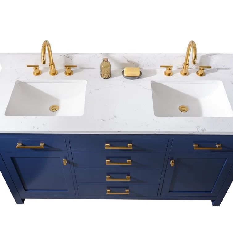 Navy Blue and Carrara White Double Freestanding Vanity with Gold Hardware
