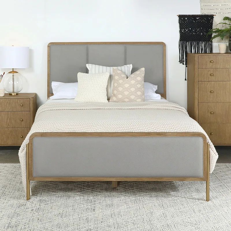 Fij Gray Upholstered Queen Bed with Wood Frame and Headboard