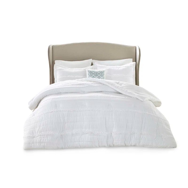 Celeste White Microfiber King Comforter Set with Ruffles