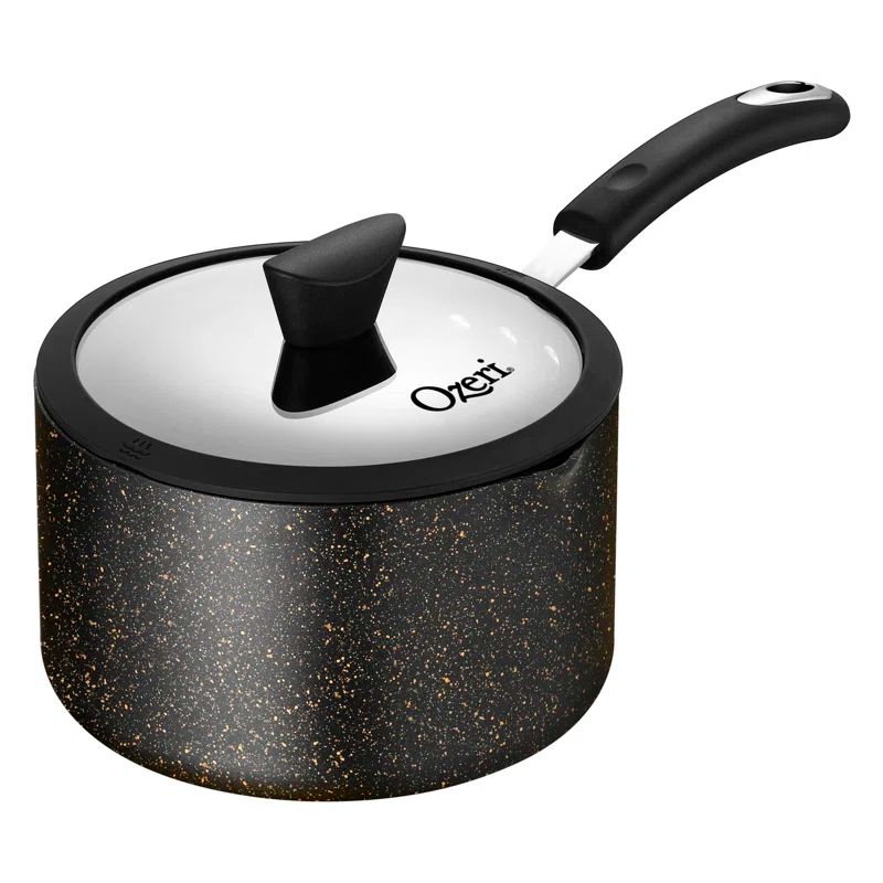 Obsidian Gold 3.2 Quart Aluminum Non-Stick Saucepan with Glass Lid