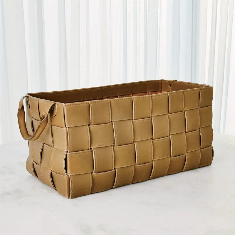 Large Putty Woven Leather Storage Basket