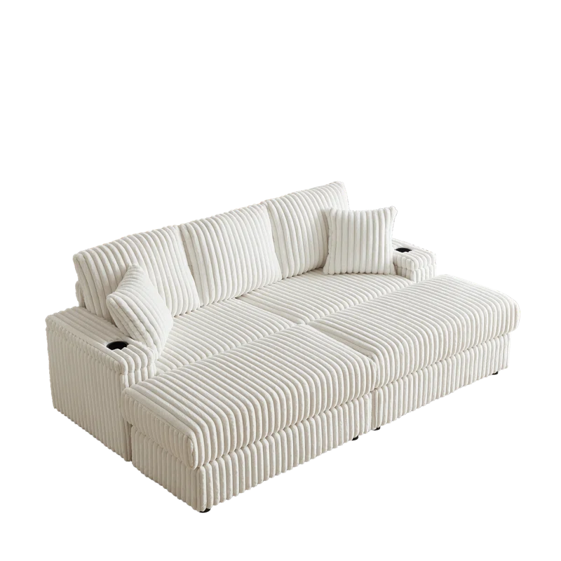 Beige Corduroy 84" 3-Seater Sofa with Ottoman and Pillows