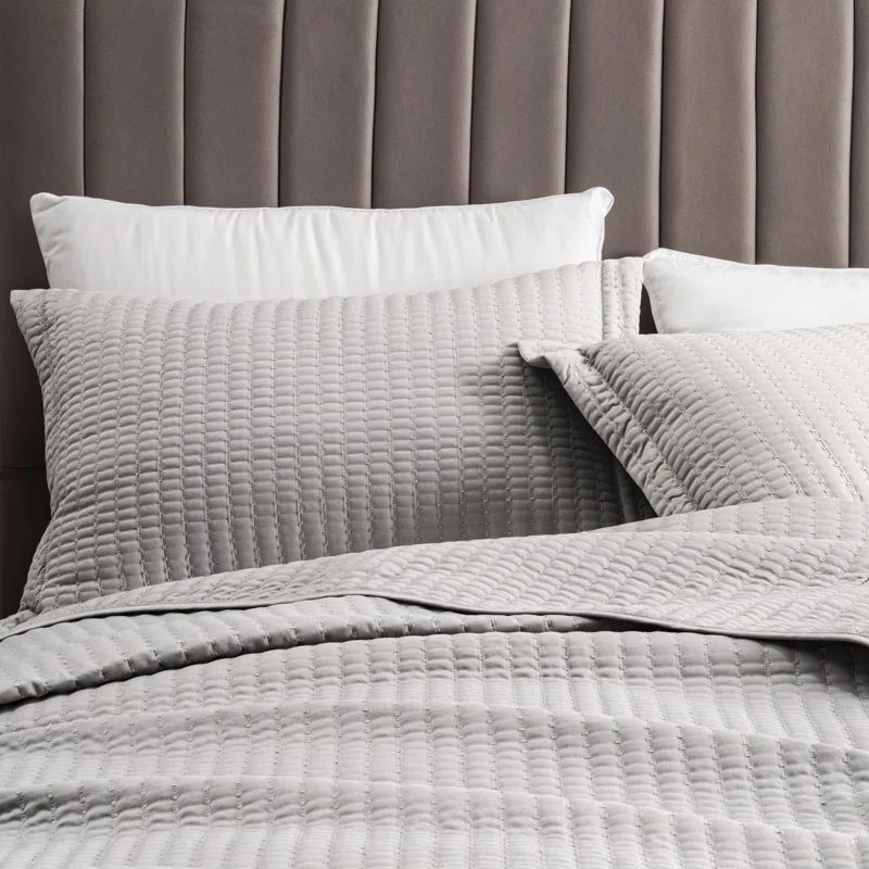 Light Gray Full/Queen Microfiber Channel Stitch Quilt Set with Shams