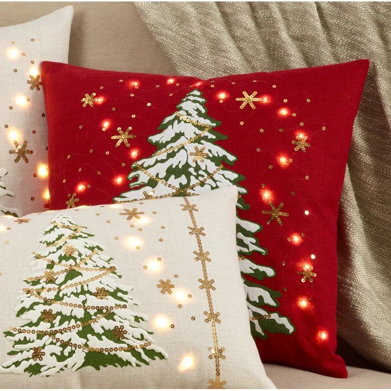 Red 18 x 18 in. LED Christmas Tree Pillow with Poly Fill