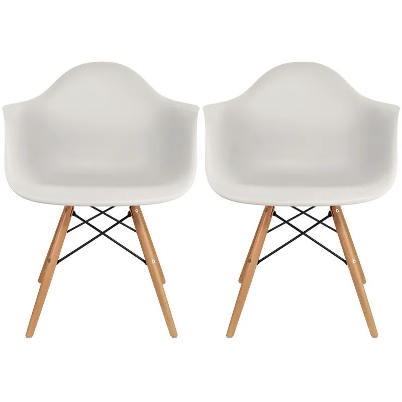 Set of 2 Gray Molded Plastic Dining Chairs with Wooden Legs