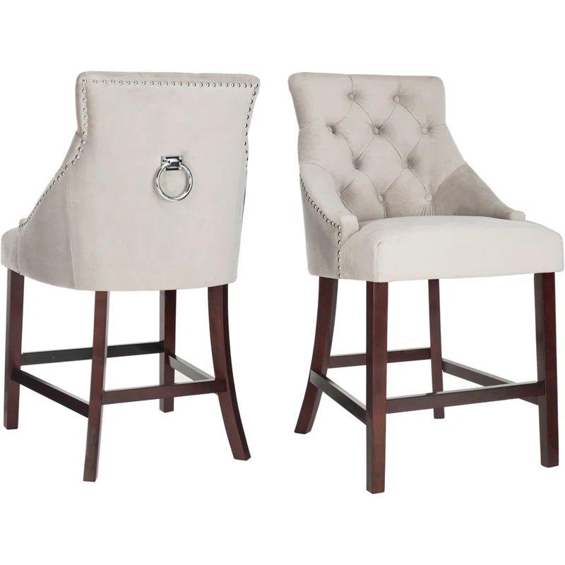Eleni 26" Light Grey Tufted Wingback Counter Stool with Chrome Accents
