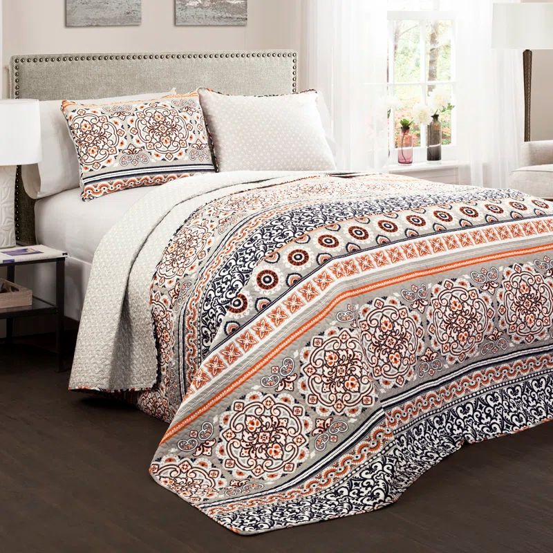 Navy and Coral Reversible Cotton Full Quilt Set
