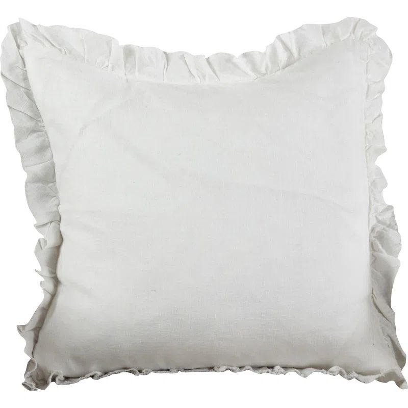 Medium White Linen Ruffled Decorative Pillow with Down Fill