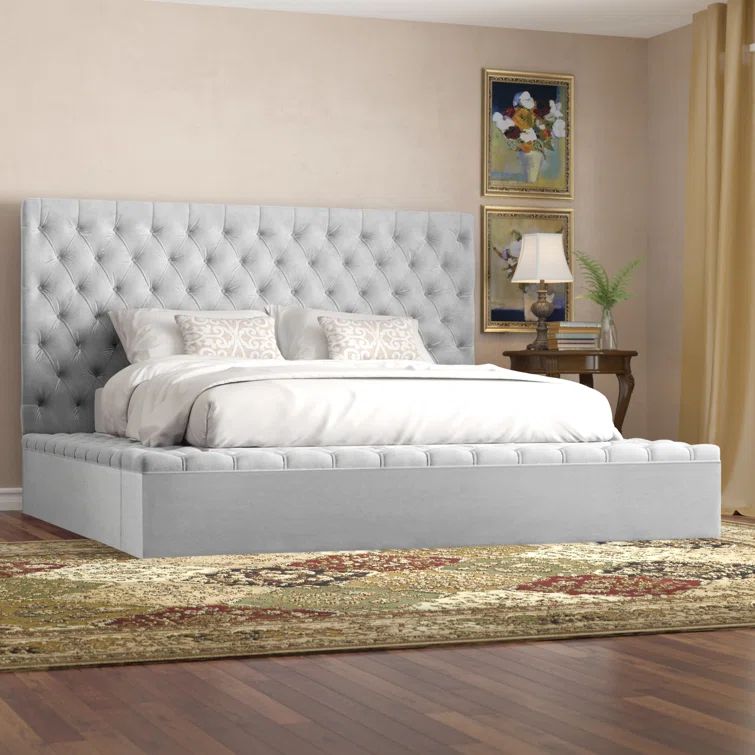 Bliss White Velvet Queen Upholstered Storage Bed with Tufted Headboard