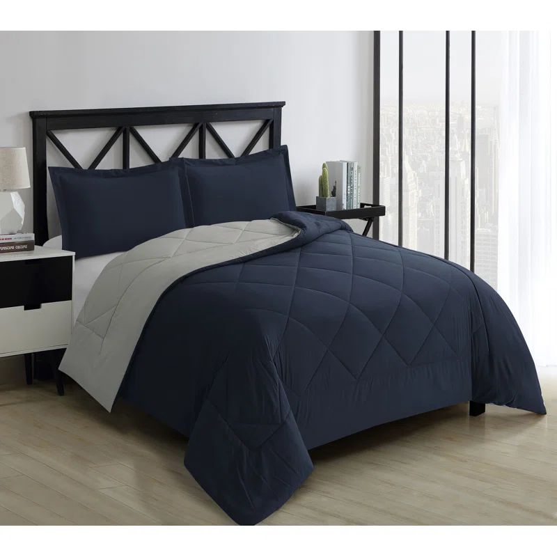 Twin Blue and Stone Reversible Microfiber Comforter Set