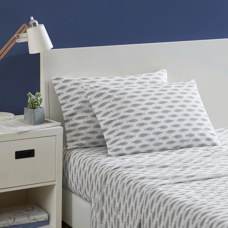 Gray Cotton Percale Queen Sheet Set with Fish Print