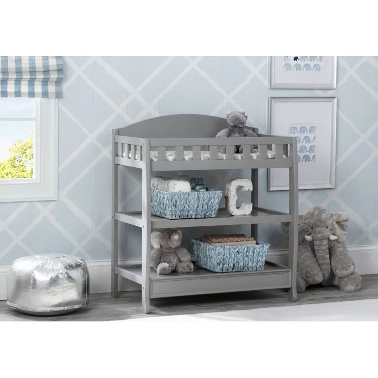 Gray Wooden Changing Table with Safety Strap and Shelves