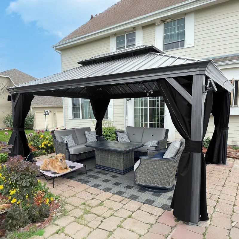 12' x 16' Black Aluminum Hardtop Patio Gazebo with Curtains