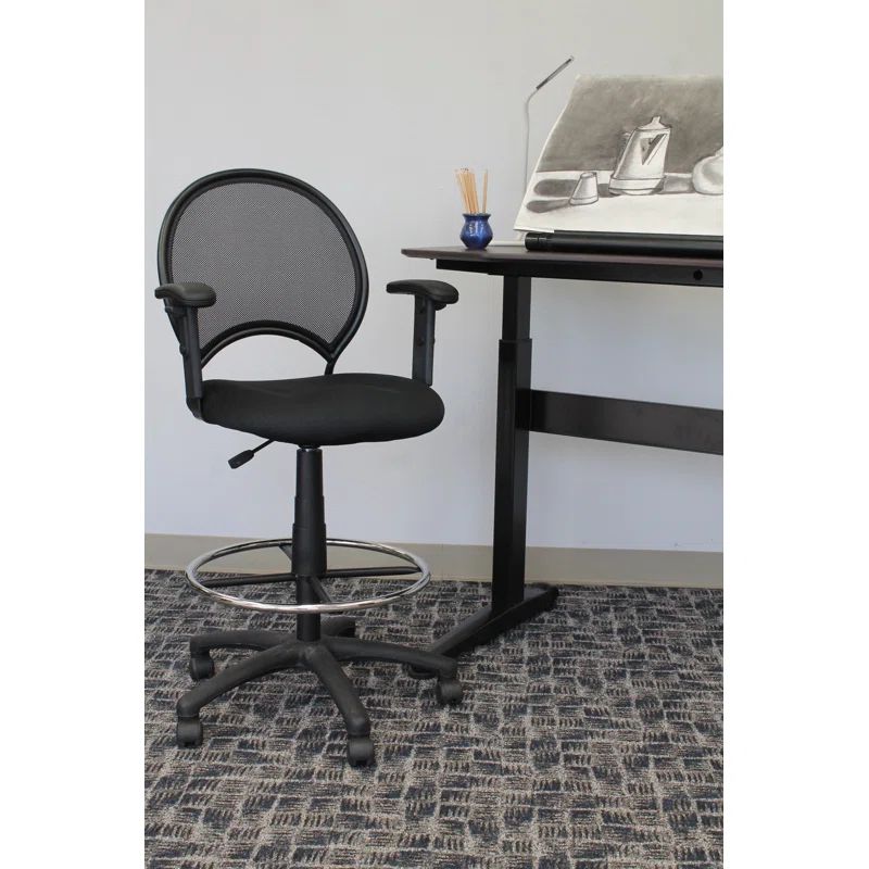 Black Mesh Drafting Chair with Adjustable Arms and Chrome Foot Ring