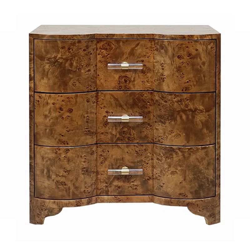 Matte Dark Burl Wood Three-Drawer Nightstand with Metal Handles