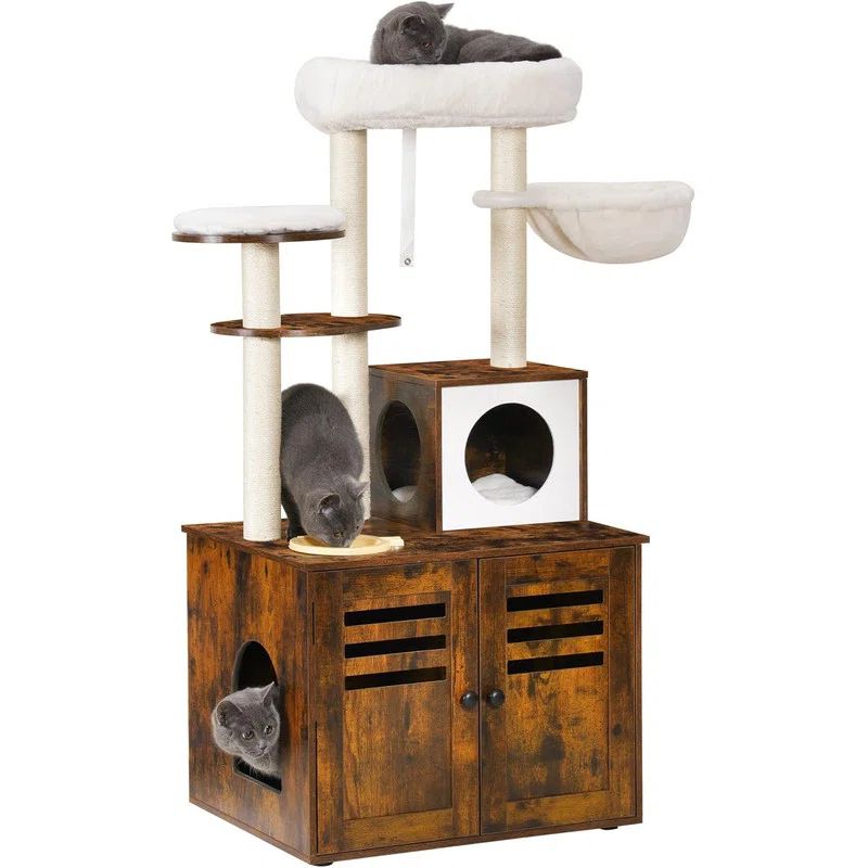 Rustic Brown Wood Cat Tree with Litter Box Enclosure and Feeding Station