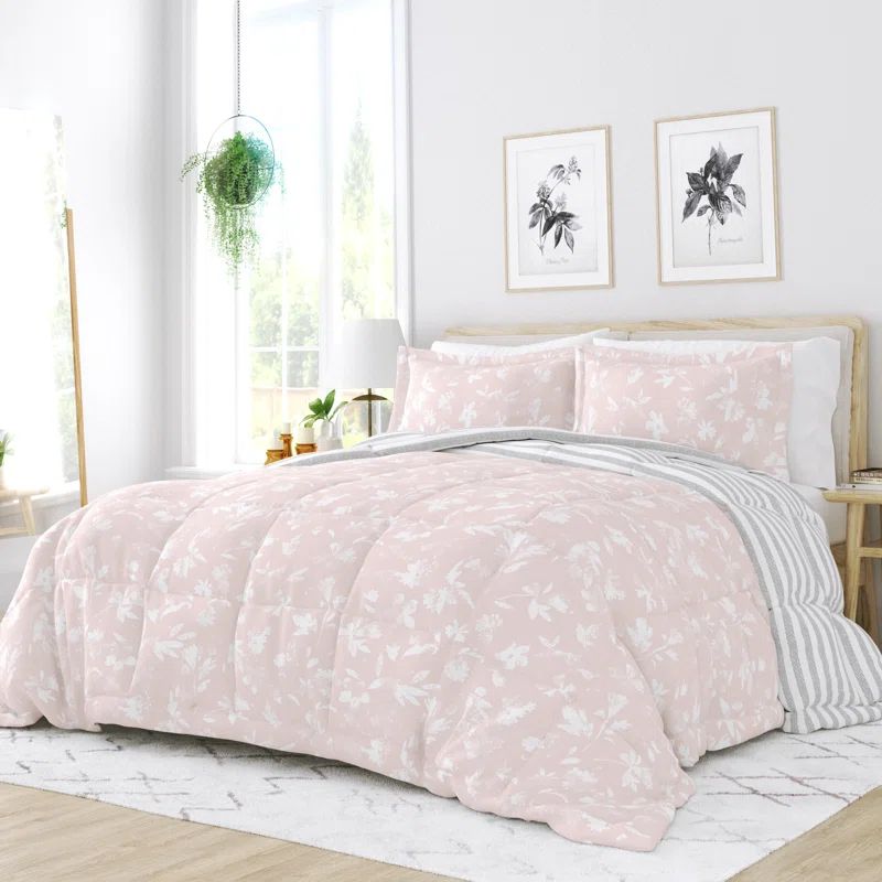 Pink Floral Reversible Down Alternative Full Comforter Set