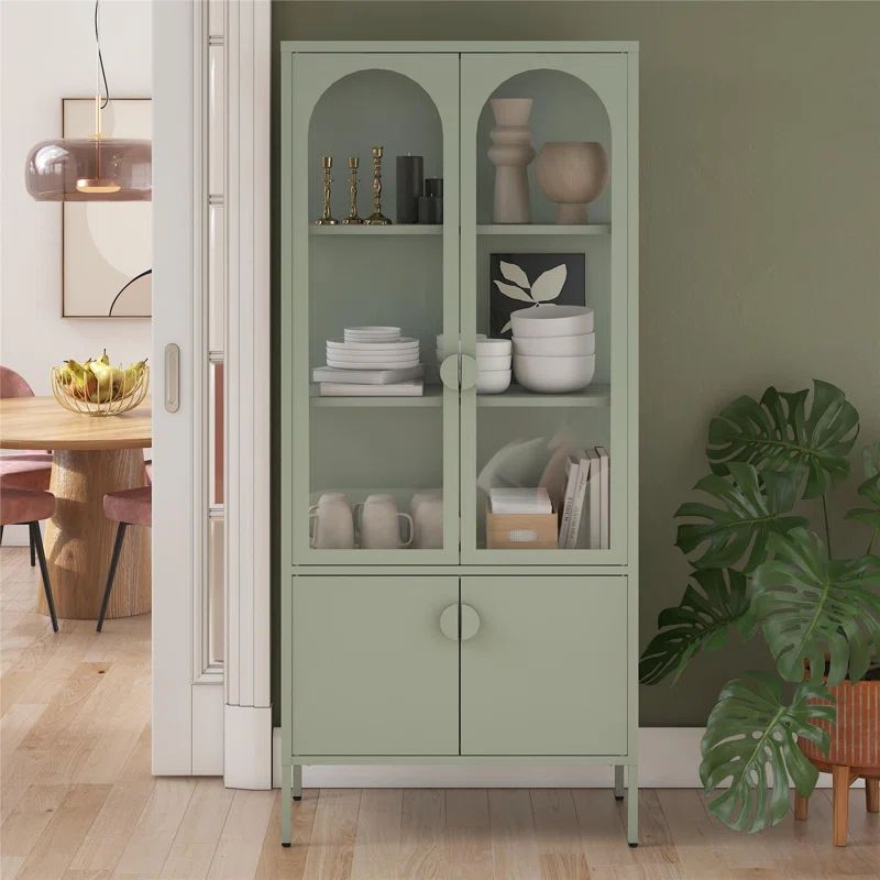 Pale Green Tall Metal Display Cabinet with Arched Glass Doors