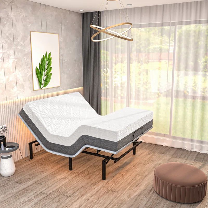 Twin XL Adjustable Upholstered Metal Frame Bed with Hybrid Mattress