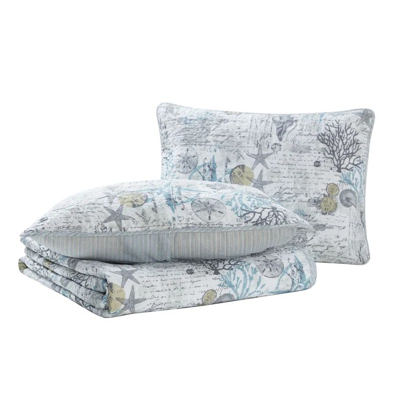 Coastal Charm Twin Cotton Quilt Set in Gray, Reversible with Sea Motifs