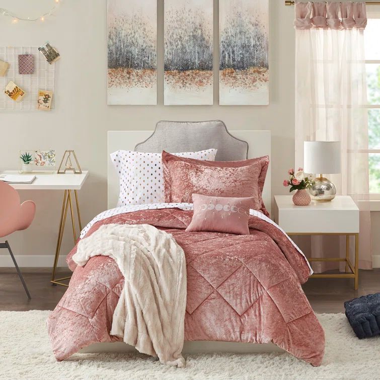 Blush Pink Full Velvet Reversible Bedspread Set