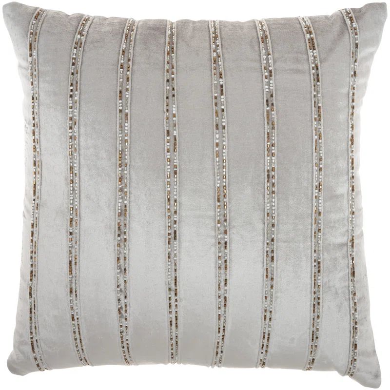 20" Light Gray Velvet Beaded Striped Square Throw Pillow