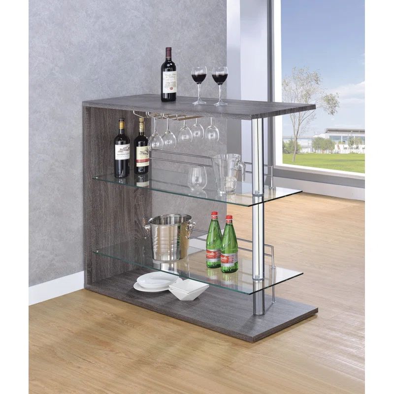 Weathered Gray and Chrome Rectangular Bar Unit with Glass Shelves