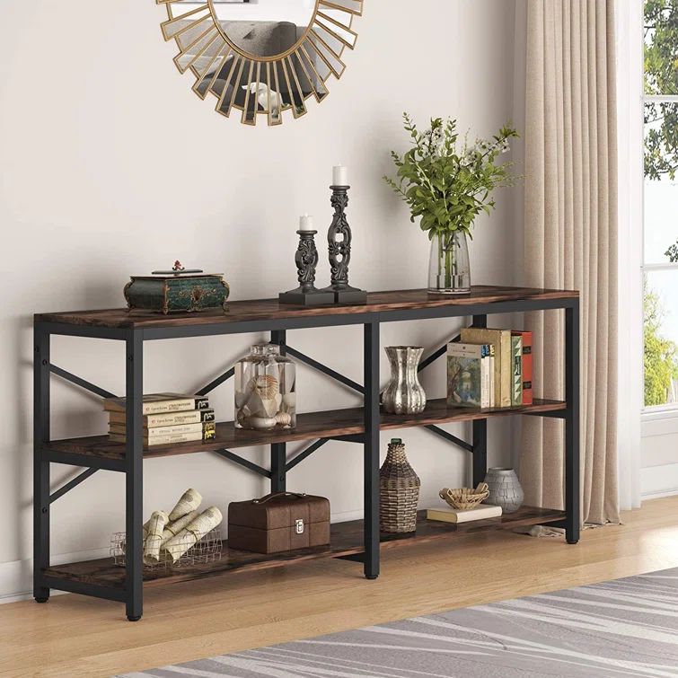 Rustic Brown and Black 70.9'' Wood and Metal Console Table with Storage Shelves