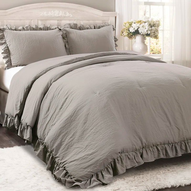 King Size Gray Microfiber Ruffled Comforter Set