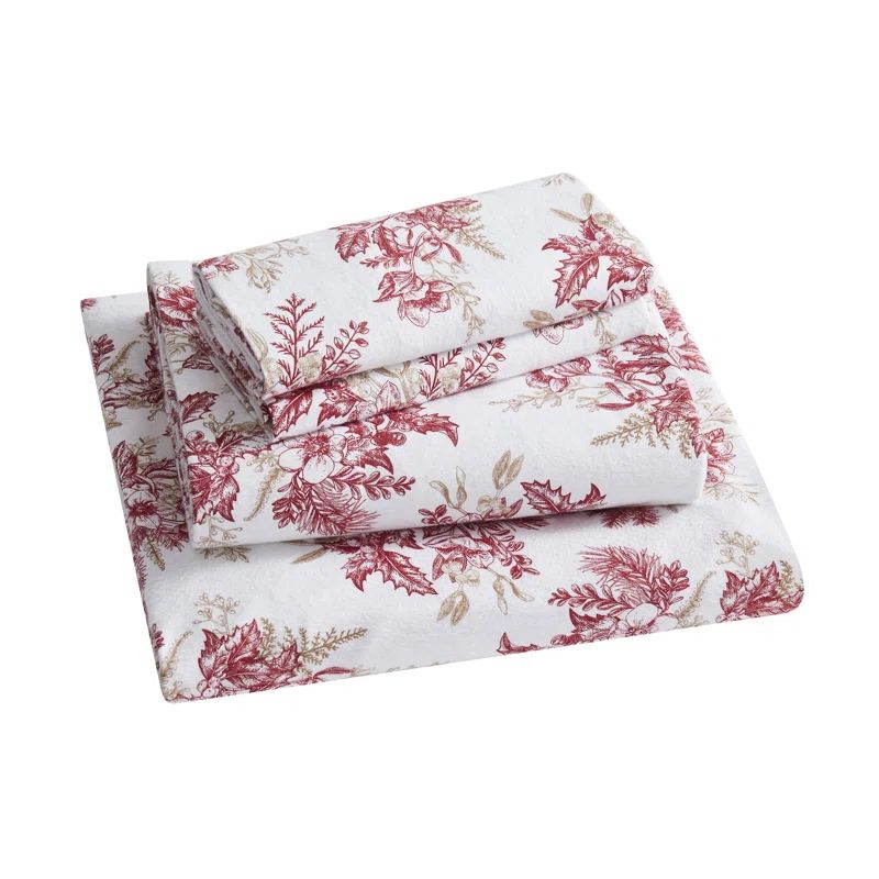 Twin Red and Beige Floral Cotton Flannel Bed Sheet Set