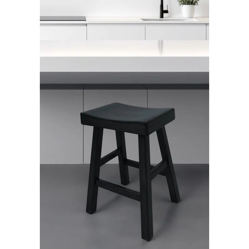 Antique Black Wood Saddle Style Backless Counter Stool 28"