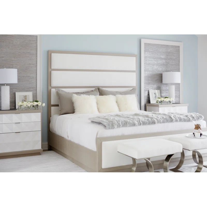 Linear Gray King Upholstered Bed with Wood Frame and Slats