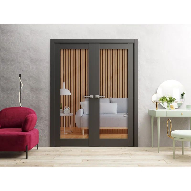 Lucia Matte Black Solid Wood French Double Doors with Clear Glass Panels