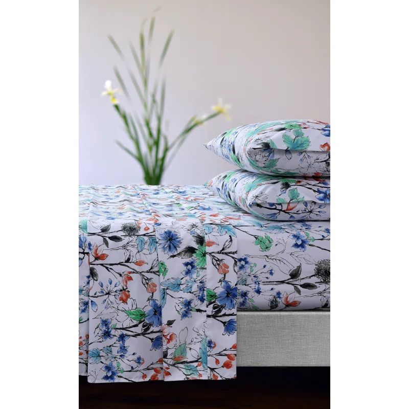 Full Size White and Multicolor Floral Microfiber Sheet Set