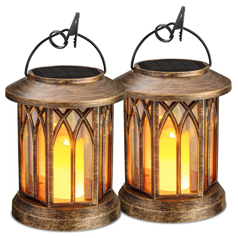 Bronze Metal Flickering Flame Solar Lantern Set of 2