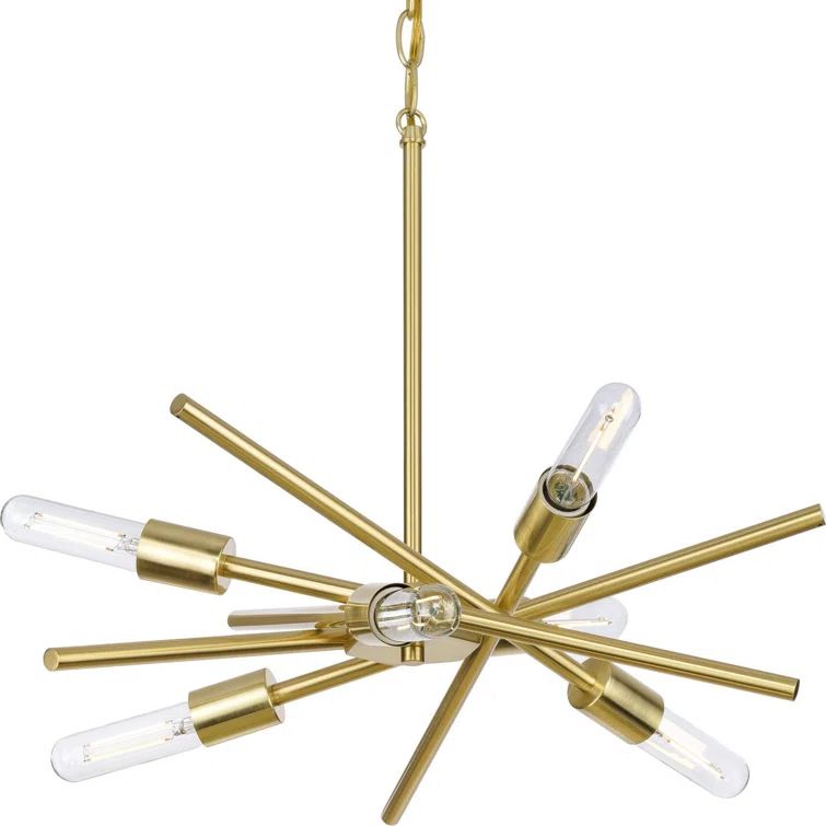 Satin Brass Sputnik Sphere Chandelier with Six Spoked Arms