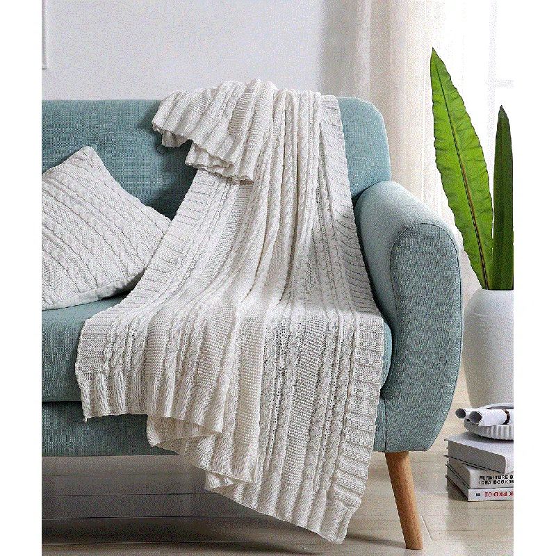 Cozy Twin-Size White Cotton Knitted Throw - Machine Washable