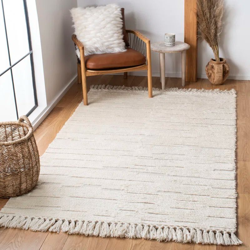 Ivory Hand-Tufted Wool Shag Area Rug, 5' x 8'