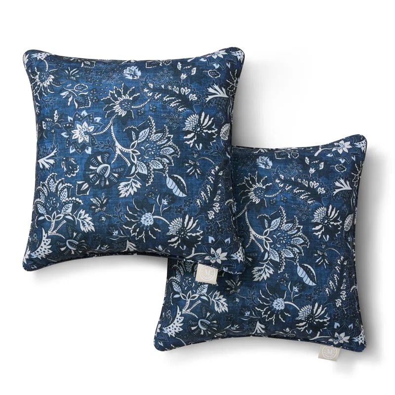 Navy Blue Floral Polyester Square Indoor/Outdoor Pillow Set