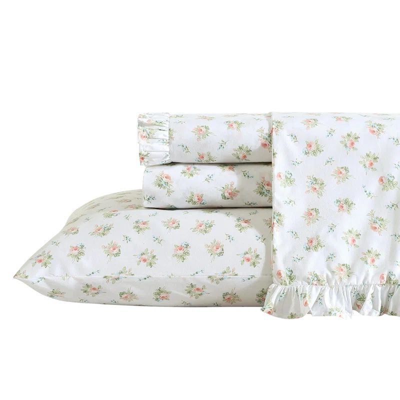Queen Floral Cotton Percale Sheet Set with Ruffled Hem