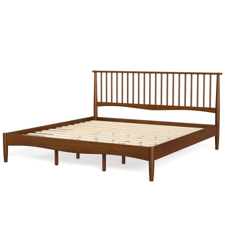 Elegant Mid-Century King Platform Bed with Wood Spindle Headboard