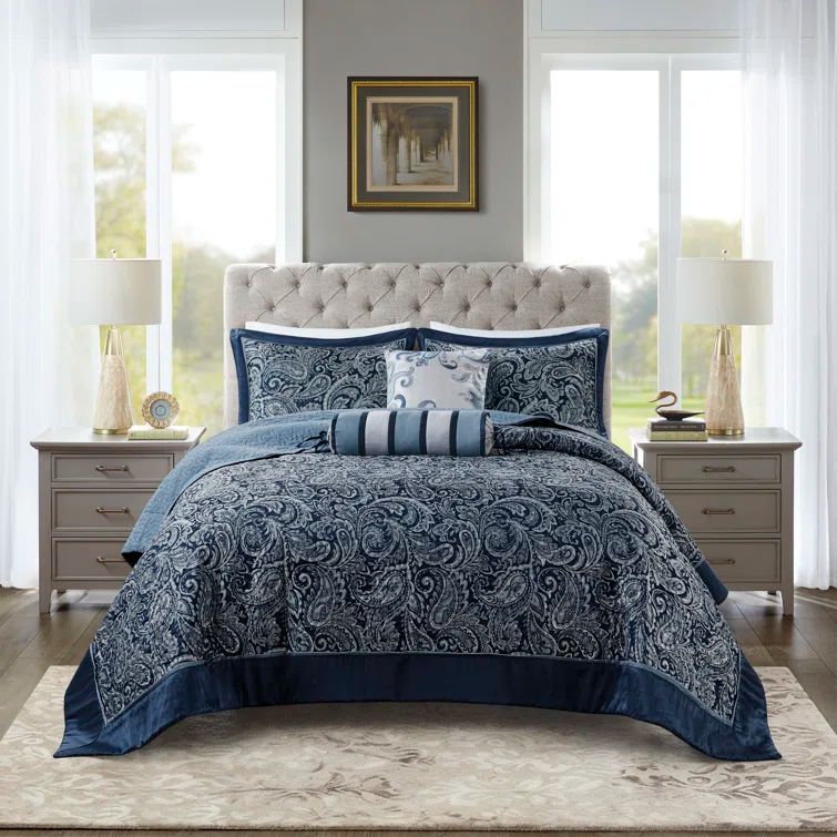 Navy Jacquard Embroidered Reversible Queen Bedspread Set