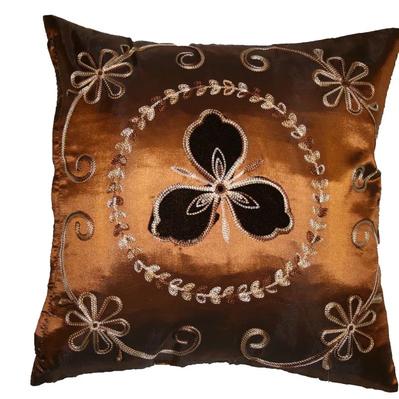 Copper Embroidered Velvet Floral Square Cushion Cover