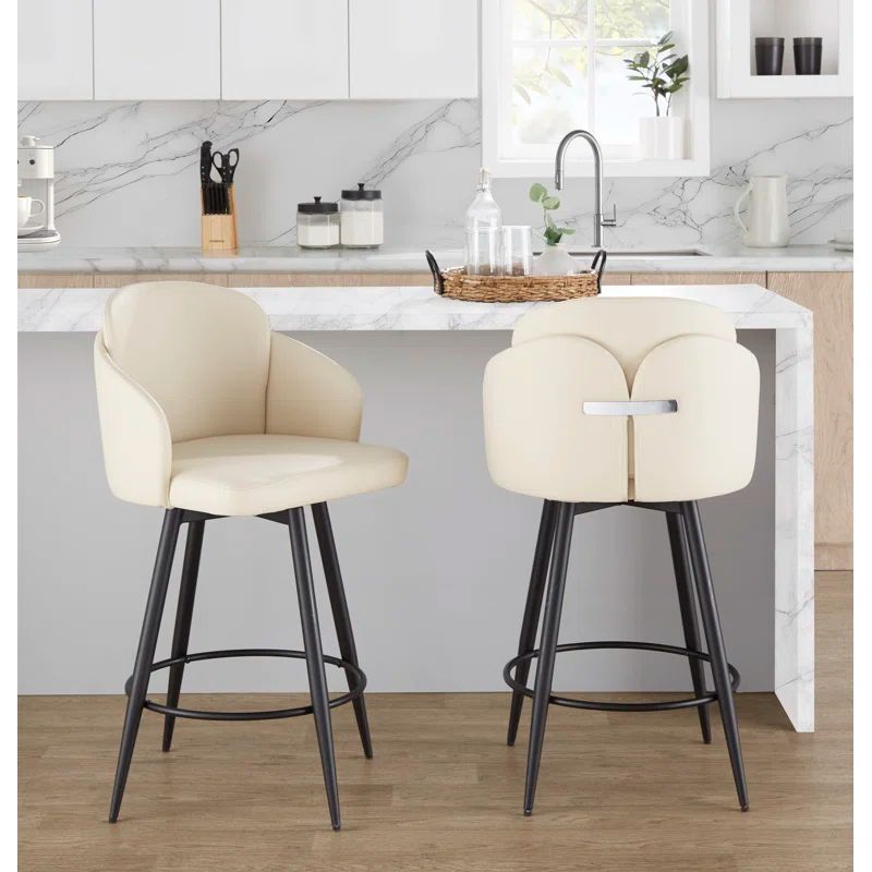 Cream Faux Leather and Chrome Swivel Counter Stools, Set of 2